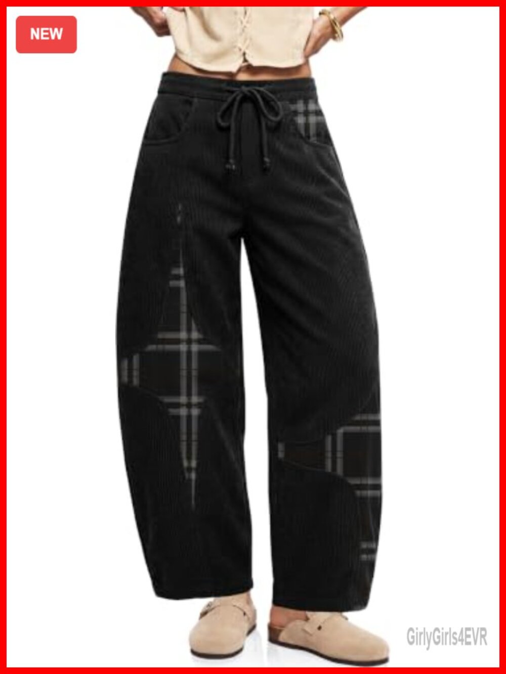 Corduroy Barrel Leg Pants High Waist Drawstring Wide Leg Casual